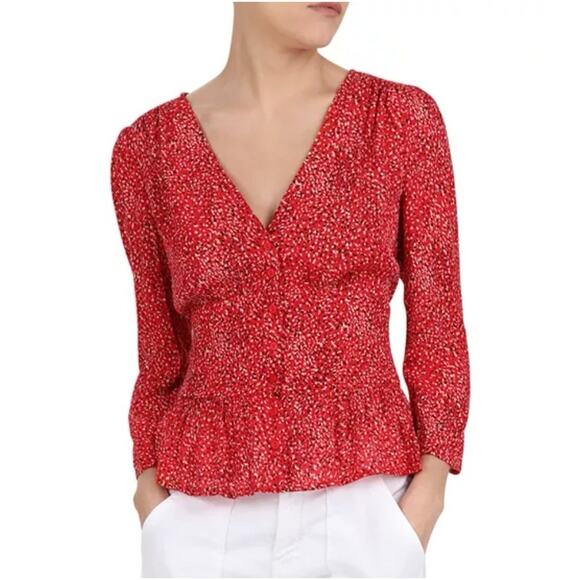 BA&SH Red Alfy Peplum Top Abstract Spotted Print 3/4 Sleeve size 0 US 4 M17 - Picture 1 of 12